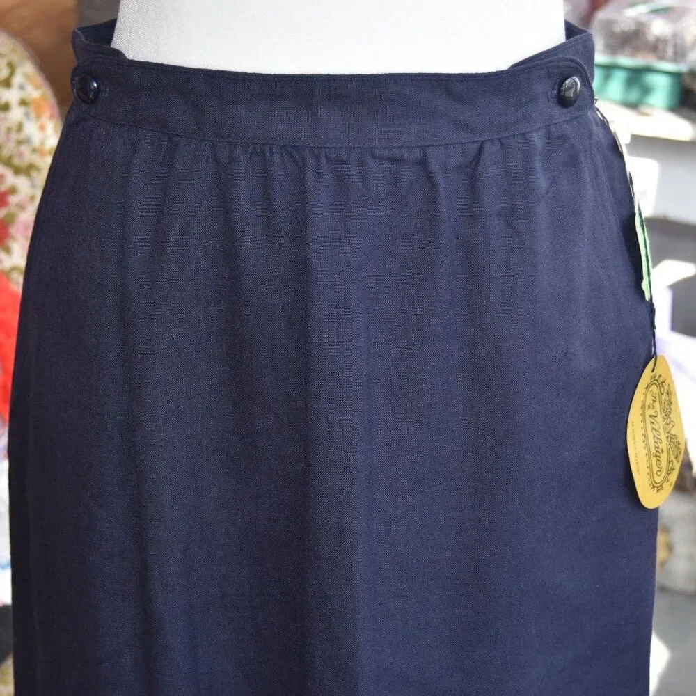 Vintage 80s 90s The Villager Navy Viscose Linen Midi Skirt NOS Size 10